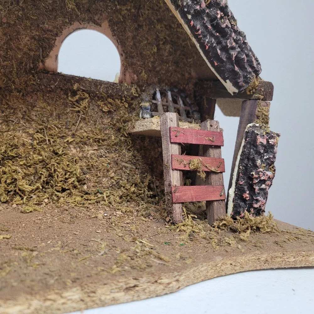 Ceramic Nativity‎ Wooden Moss Manger Religious Scene Handmade Vintage Mixed Race